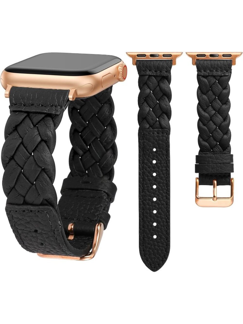 Women's Black/Rose Gold Braided Leather Strap Compatible with Apple Wrist Watch
